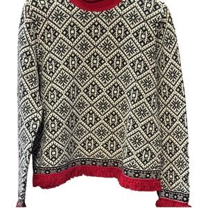 VTG Talbots Snowflake Diamond Fringe Sweater Black Red Cream L Cotton Chalet